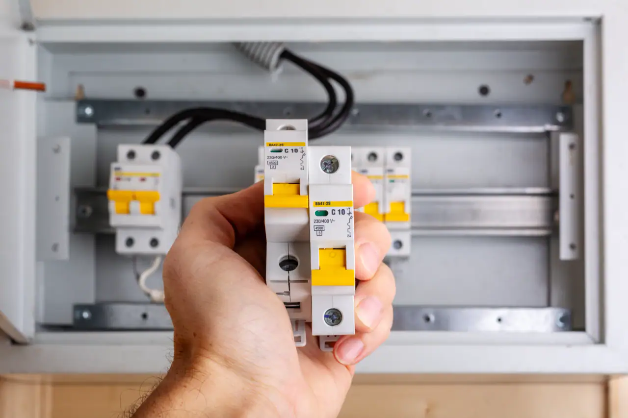 Electrician's hand fitting a new circuit breaker into a panel