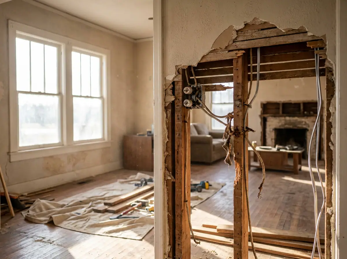 Renovation in progress with exposed electrical wiring