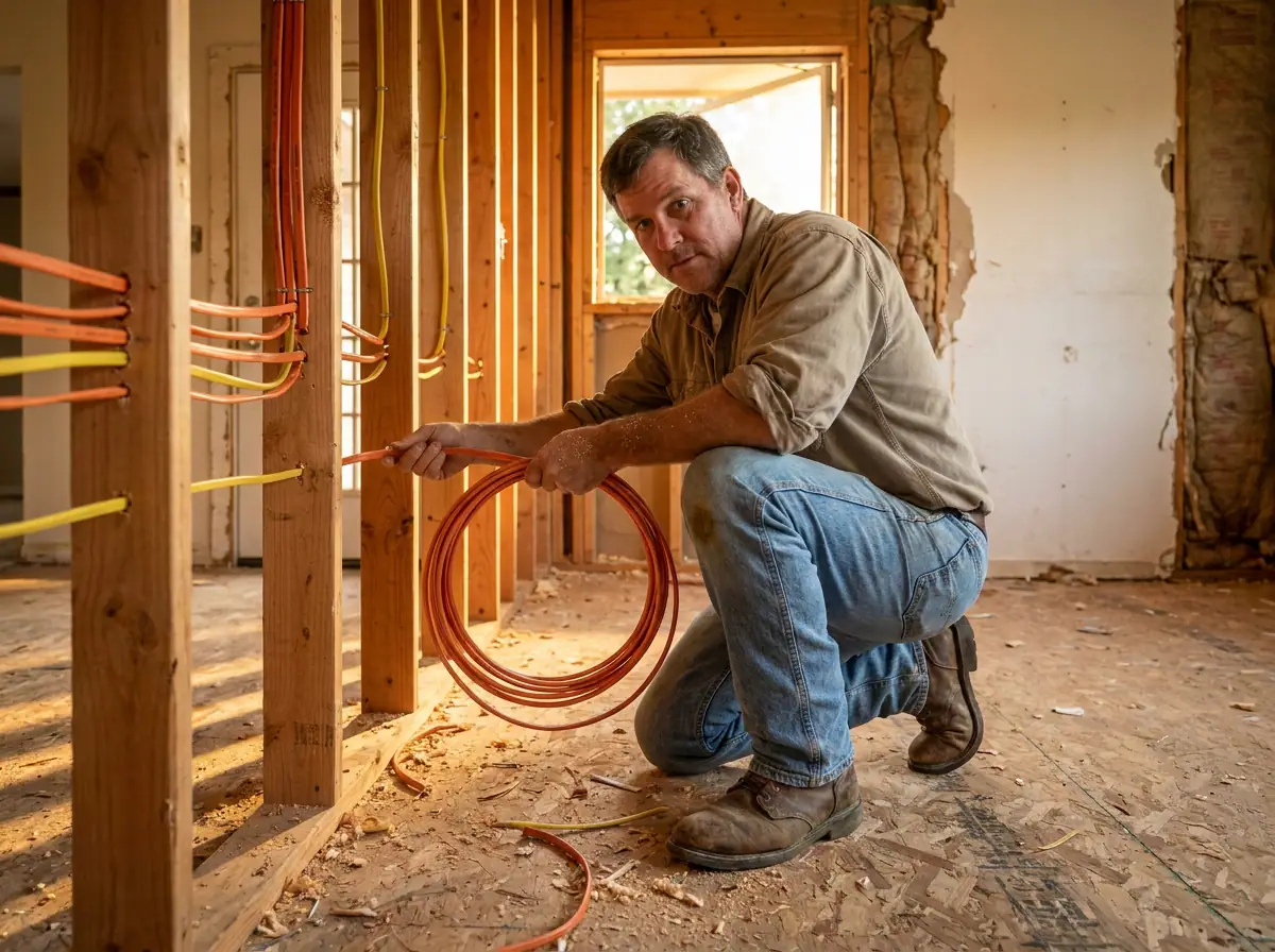 Open wall framing with new electrical wiring during a home remodel