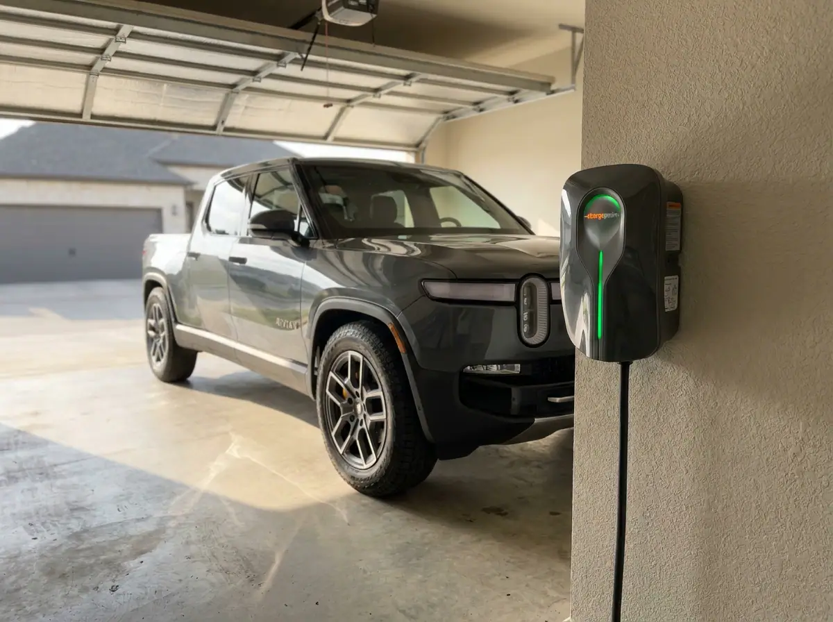 Level 2 electric vehicle charger installed in a home garage