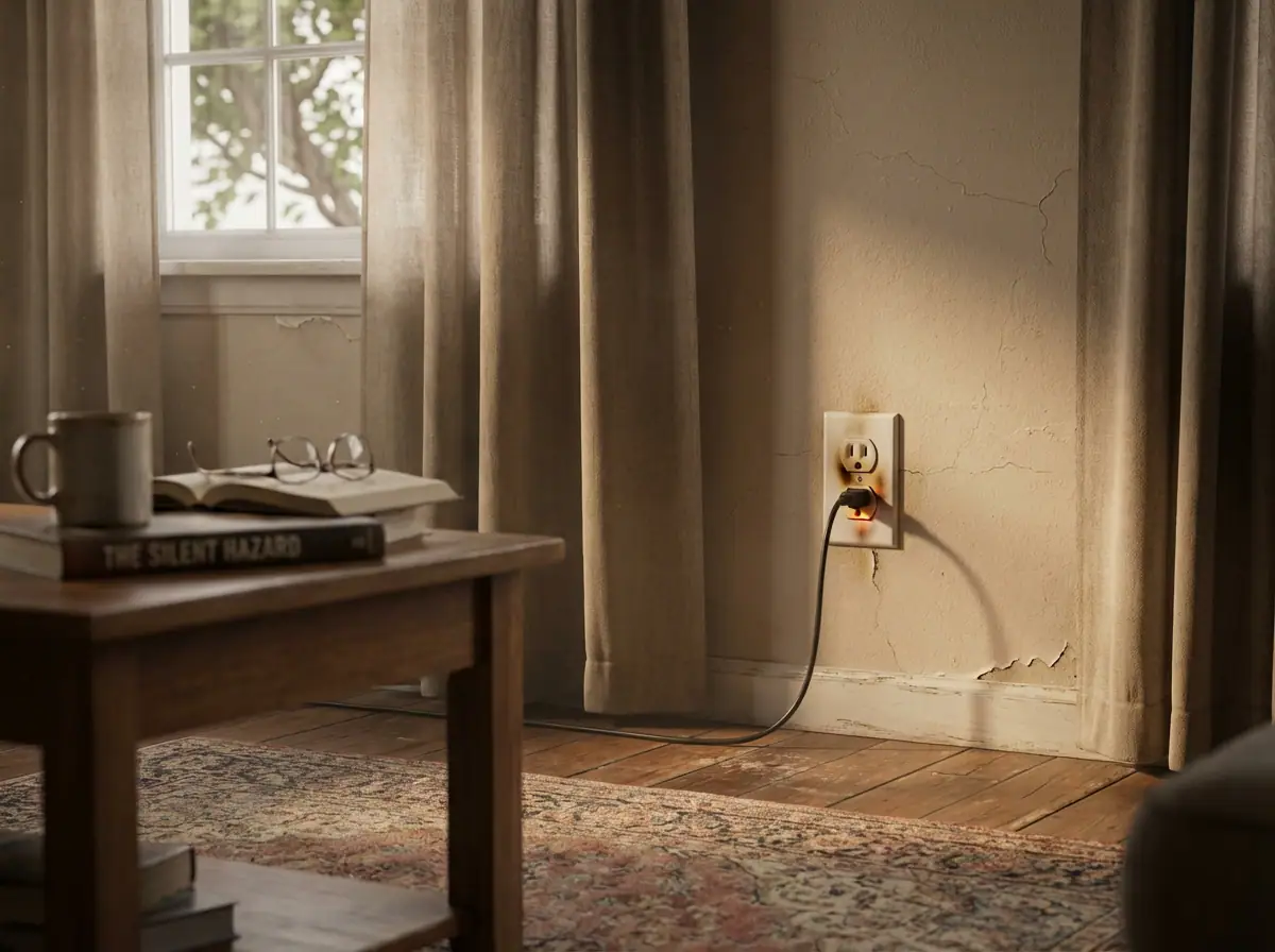 Damaged and frayed electrical wiring behind a wall outlet