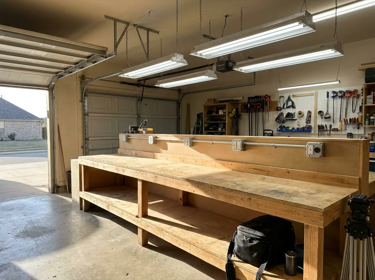 Well-lit home garage workshop with new outlets and circuits