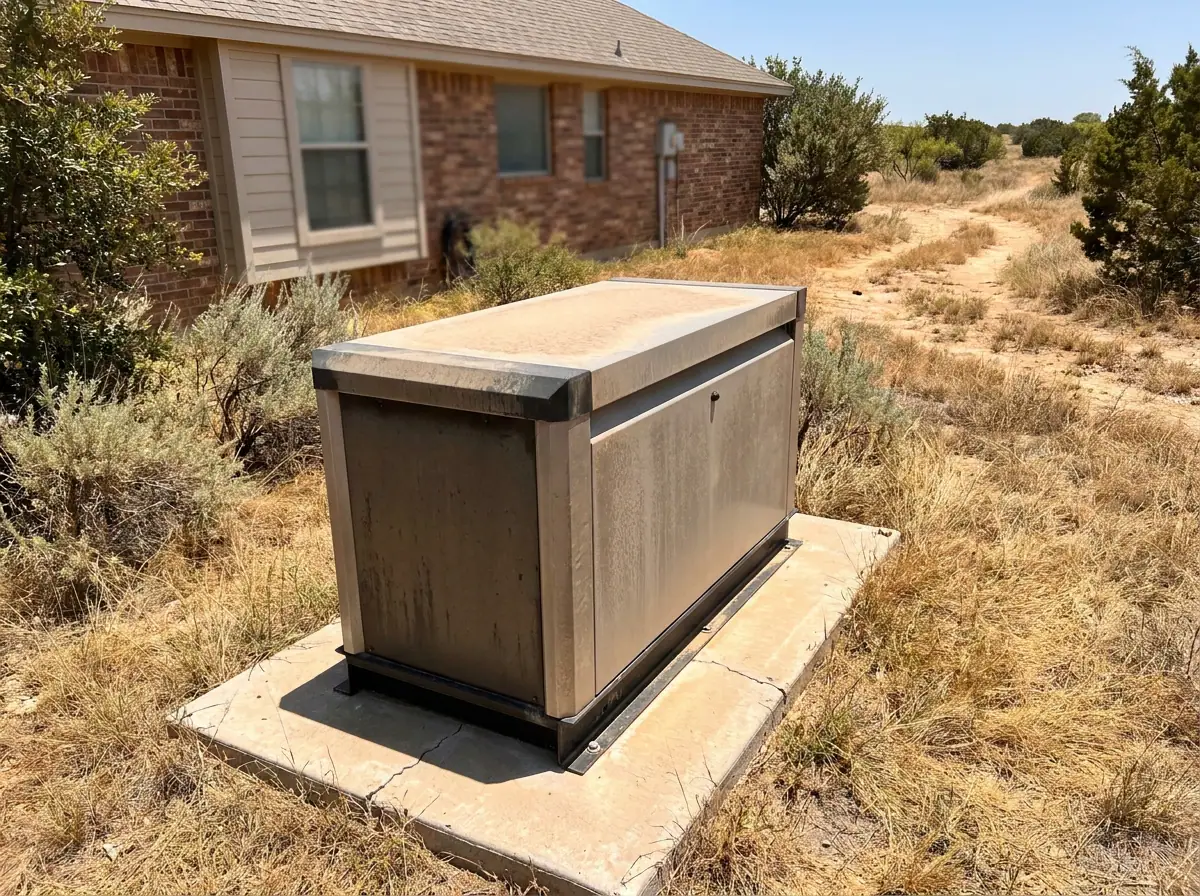 Standby home generator and transfer switch outside a Granbury home