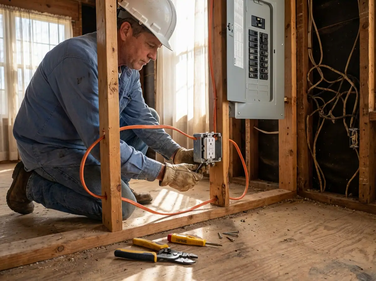 Electrician running new wiring during a Granbury home remodel