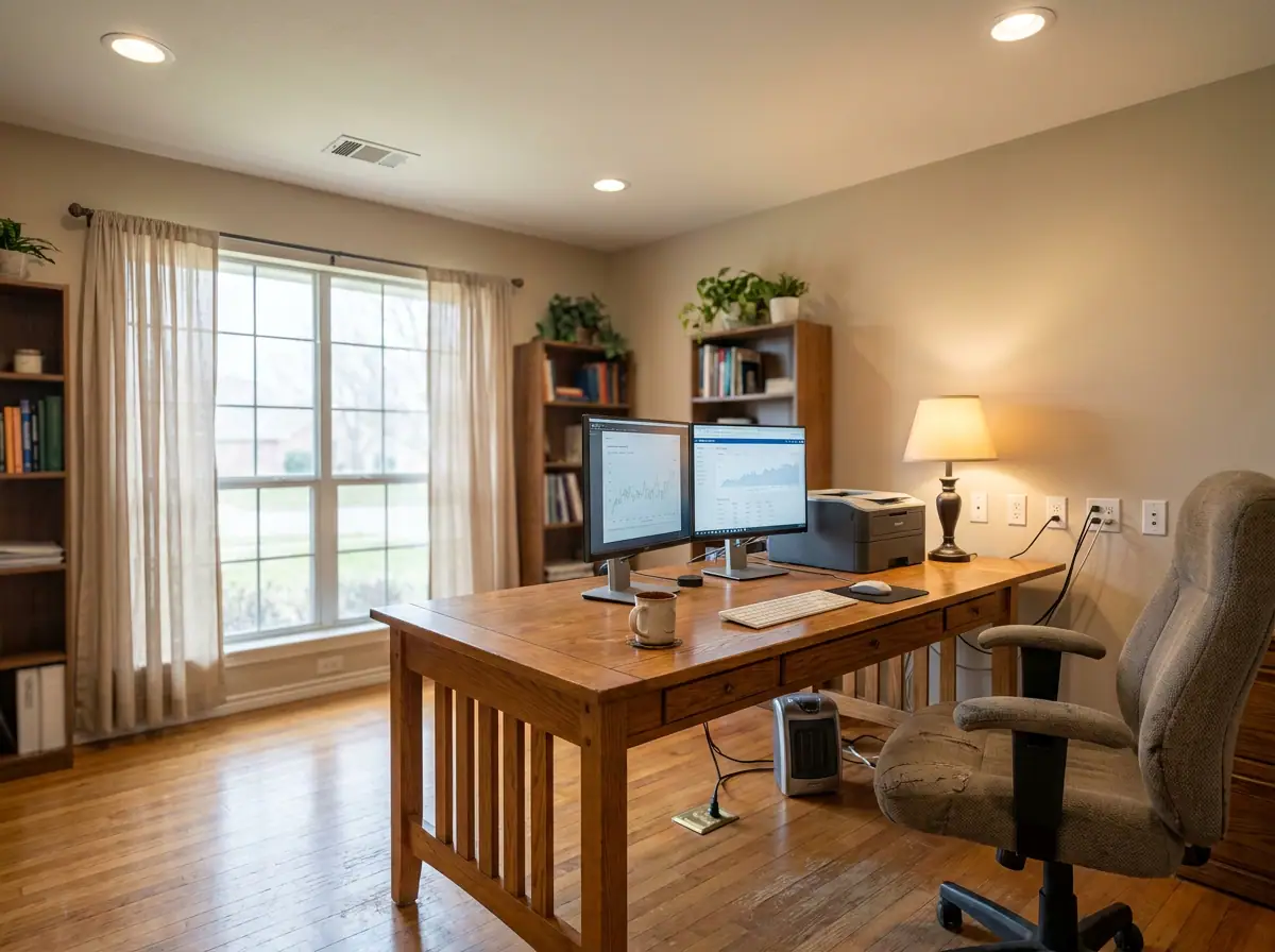Home office desk with computer equipment and outlets