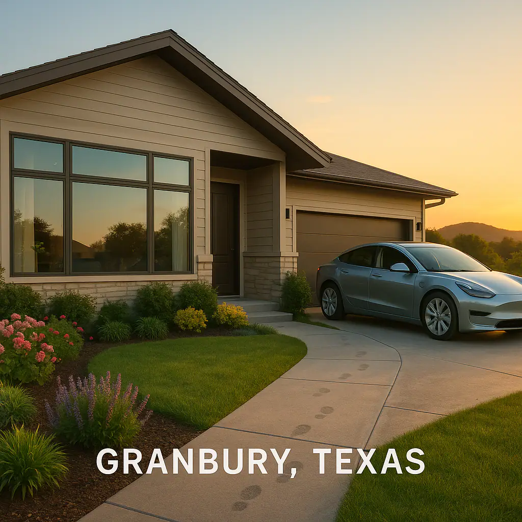 Electric vehicle plugged into a home charger in a garage