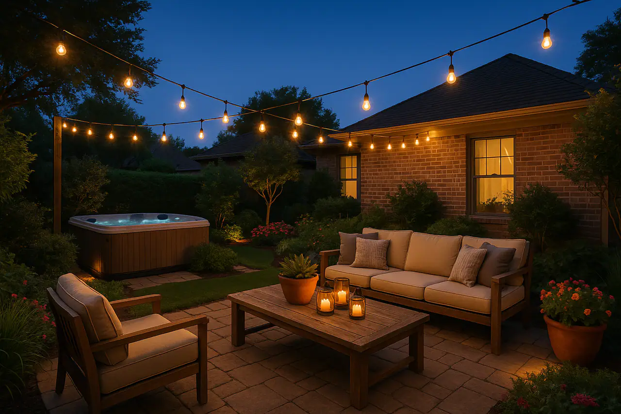 Covered patio with string lights and weatherproof outlets