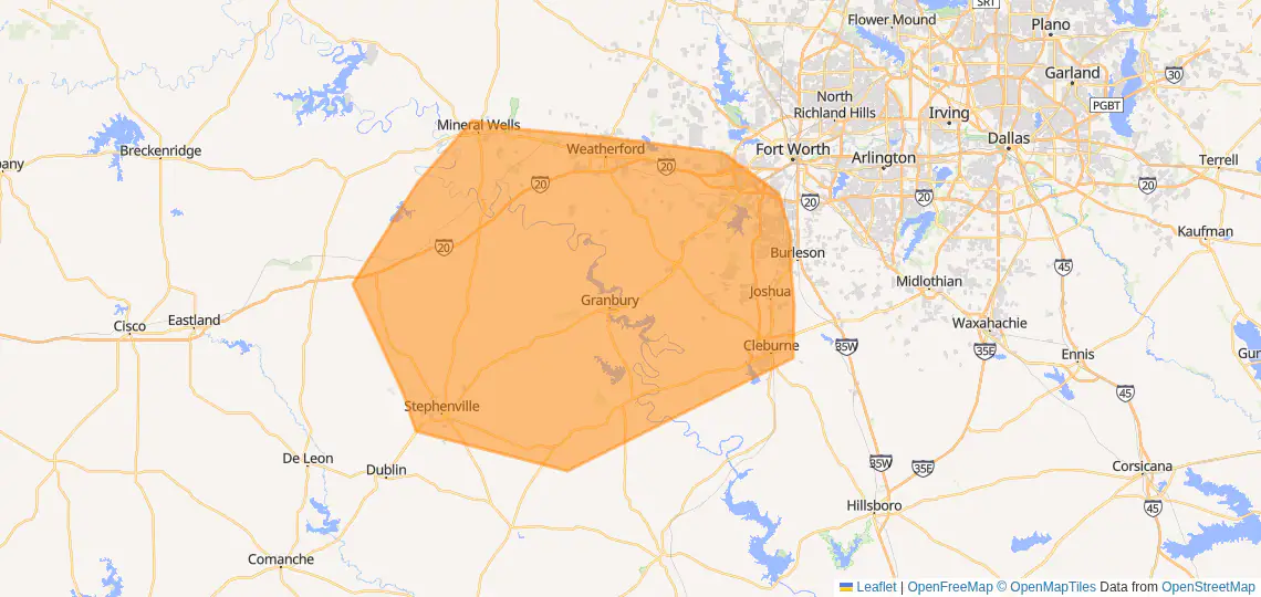 Map of the Revamped Electric service area: about a 30 mile radius around Granbury, TX, reaching Mineral Wells, Weatherford, Cleburne and Stephenville