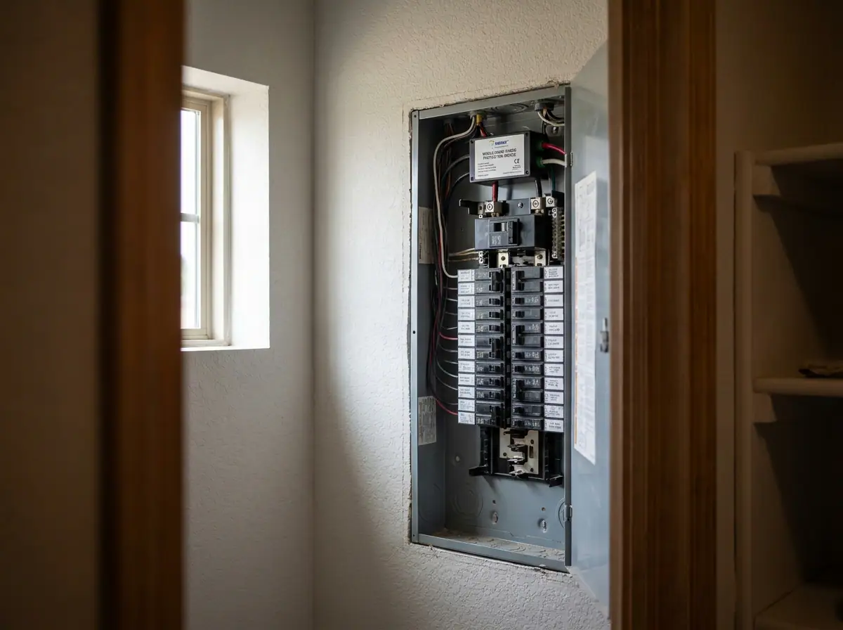 Whole-home surge protector installed beside an electrical panel